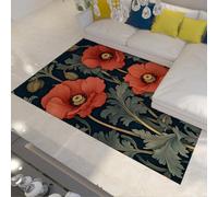 Tapis 200x300 William Morris carpette Bleu Marine Rouge Or Descente de lit Vintage Arts and Crafts Botanique Fleuri à Poil Bas antidérapant Lavable pour Salon Chambre Maison Floraux