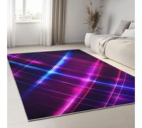 Tapis 3D Lignes Modernes Technologiques Et Néon Petit Tapis Salon Rectangle Antidérapant Enfant Ado Chambre Décoration, Bureau Salle a Manger Doux Poil Ras Rug Violet Lavable 60 x 90 cm