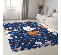 Tapis 3D Mignon Chat Imprimé Floral Petit Tapis Salon Rectangle Antidérapant Enfant Ado Chambre Décoration, Bureau Salle a Manger Doux Poil Ras Rug Bleu Marine Lavable 80 x 150 cm