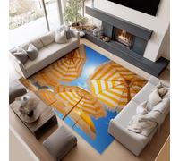 Tapis 3D Plage Rayures Parasol Petit Tapis Salon Rectangle Antidérapant Enfant Ado Chambre Décoration, Bureau Salle a Manger Doux Poil Ras Rug Bleu Lavable 80 x 150 cm