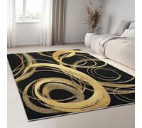 Tapis 3D Simple Motif en Spirale Et des Détails Dorés Petit Tapis Salon Rectangle Antidérapant Enfant Ado Chambre Décoration, Bureau Salle a Manger Doux Poil Ras Rug Noir Lavable 60 x 90 cm