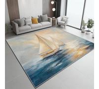 Tapis 60 X 90 Cm Impressionnisme Vagues Voilier - Poils Courts Doux, Lavable, Antidérapant, Ne Peluche Pas, Résistant Aux Taches - Tapis Salon Chambre Couloir Bureau Décoration Bleu Marine Crème