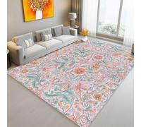 Tapis 60 X 90 Cm Style William Morris Fleurs Vignes Rose Vert Lavable Chambre Poil Court Tapis De Salon Doux Antidérapant pour Salon Chambre Bureau Plus Durable