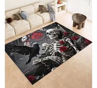 Tapis 60x120 cm Imitation Cachemire Lavable Motif CrâNe Fleur Corbeaux 3D Résistant aux Taches Nettoyage Facile à l'Aspirateur ou en Machine Idéal pour Salon Salle à Manger et Chambre Parentale