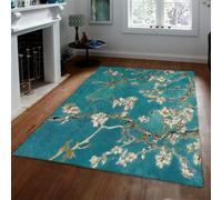 Tapis 60x120 Fleuri Vintage carpette lavables Bleu Sarcelle Salon Grande Descente antidérapants Chambre Intérieur Bureau rétro à Poil Bas d entrée en Fleurs amandier Blanches