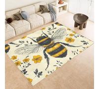 Tapis 80x120 cm Imitation Cachemire Lavable Motif Abeille Fleur Jaune Herbe 3D Résistant aux Taches Nettoyage Facile à l'Aspirateur ou en Machine Idéal pour Salon Salle à Manger et Chambre Parentale