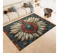 Tapis 80x120 cm Imitation Cachemire Lavable Motif Plumes Pierres PréCieuses 3D Résistant aux Taches Nettoyage Facile à l'Aspirateur ou en Machine Idéal pour Salon Salle à Manger et Chambre Parentale