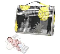 Tapis à langer réutilisable avec poche en tissu Motif pied-de-poule Ananas Gris Jaune Coussin à langer portable avec oreiller intégré Cambiadores de pa?ales para Bebes