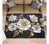 Tapis à motif de fleurs en relief pour chambre à coucher, salon, tapis lavable pour chambre de garçons et filles, tapis antidérapant et à poils ras - Motif feuilles d'or - 140 x 200 cm