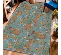 Tapis à motif lapin, printemps rustique à fleurs, herbe printanière, bleu sarcelle, tapis rectangulaire à poils courts pour salon, chambre à coucher, dortoir, cuisine, décoration 1,2 x 1,8 m