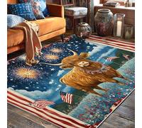 Tapis à motif vache des Highlands, motif patriotique rustique, feux d'artifice, drapeaux américains, jour de l'indépendance, envers antidérapant, tapis d'intérieur qui ne perd pas ses poils pour salon