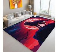 Tapis à Poils Courts 120 x 180 cm, Lavables avec Dos Antidérapant Fantasy Mythologie Lune Animaux Loup Tapis Imprimé en Flanelle Convient pour la Chambre la Salle à Manger et Le Bureau Rouge
