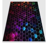 Tapis à Poils Courts 160 x 230 cm, Lavables avec Dos Antidérapant Moderne Technologique Néon Géométrie Hexagones Tapis Imprimé en Flanelle Convient pour la Chambre la Salle à Manger Noir