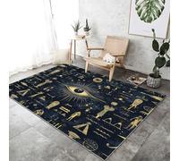 Tapis à Poils Courts 60 x 90 cm, Lavable en Machine Antidérapant Facile à Nettoyer Tapis Flanelle Mythologie Égypte Antique Yeux Imprimé, pour Chambre Cuisine Salon, Or Bleu Foncé
