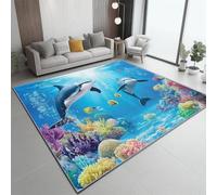 Tapis À Poils Courts Coloré, 3D Monde sous-Marin Corail Dauphin Motif imprimé, Dos Caoutchouc antidérapant Carpettes Tapis Multi Usage Lavable pour Maison Salon Chambre Bureau Interieurs 60 x 90 cm