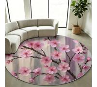 Tapis à Poils Courts Rond 120 cm Japonais Printemps Rose Cerisier Sakura, Tapis Lavable Doux Antidérapant et Résistant aux UV pour Descente de lit Chambre Adulte Fille Enfant Salon Cuisine Decoration