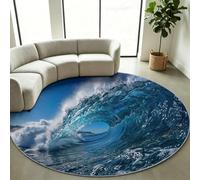 Tapis à Poils Courts Rond 200 cm Moderne Grande Vague Marée, Tapis Lavable Doux Bleu Antidérapant et Résistant aux UV pour Descente de lit Chambre Adulte Fille Enfant Salon Cuisine Decoration