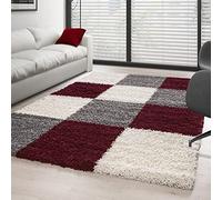 Tapis à poils longs pour salon Shaggy à carreaux Rouge/blanc/gris - 120 x 170 cm