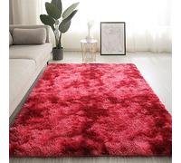 Tapis à poils longs teints sur nœuds pour salon et chambre à coucher, épais, ne perd pas ses poils, antidérapant et très fréquenté, rouge, 180 x 200 cm, revêtement de sol confortable et élégant