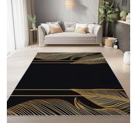 Tapis à Poils Ras, Conception de Art Linéaire Minimaliste De Luxe Motif, Tapis Rectangulaire Fur Salon-Salle à Manger ou Adulte Chambre 140 x 200 cm Poil Court Léger Résistant Fin Doux, Noir Or