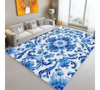Tapis à Poils Ras, Conception de Floral Chinois Minimaliste Motif, Tapis Rectangulaire Fur Salon-Salle à Manger ou Adulte Chambre 80 x 150 cm Poil Court Léger Résistant Fin Doux, Bleu Blanc
