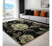 Tapis à Poils Ras, Conception de Lignes De Rêve De Roses Motif, Tapis Rectangulaire, Tapis Salon-Salle à Manger ou Adulte Chambre 140 x 200 cm Poil Court Léger Résistant Fin Doux, Noir Or