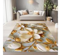 Tapis à Poils Ras, Conception de Magnolia 3D Moderne Motif, Tapis Rectangulaire Fur Salon-Salle à Manger ou Adulte Chambre 160 x 230 cm Poil Court Léger Résistant Fin Doux, Blanc Or