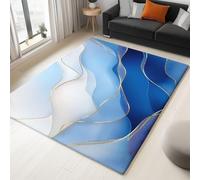 Tapis à Poils Ras Doux et Légers, Antidérapant - Design Art Linéaire Minimaliste Abstrait Bleu Blanc, pour Salon Salle à Manger Chambre Adulte ou Ado Cuisine, 60 x 110 cm