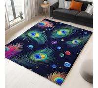 Tapis à Poils Ras Doux et Légers, Antidérapant - Design Plumes De Paon De Dessin Animé Bleu Foncé, pour Salon Salle à Manger Chambre Adulte ou Ado Cuisine, 80 x 150 cm