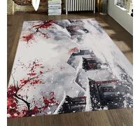 Tapis à thème du Nouvel an Oriental pour Le Salon, Fleurs de Prunier Rouge, Paysage de la Campagne Paysage de la Neige, Tapis de Salle à Manger pour la Table Moquette Douce à Poil Bas 120x200cm