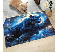 Tapis Absorbant Panthère Noire Lune Étoilé, Paillasson D'Entrée Sol Antidérapant Lavable Avec Microfibres Douces Créature Mystérieuse Pour Chien Entrée Porte Et Couloir, Bleu Profond, 40X60Cm