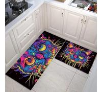 Tapis Animaux psychédéliques 45x75+45x150cm Antidérapant Tapi Chats colorés Bleu-Violet Idéal pour Le Couloir, la Cuisine, Le Salon ou comme Tapis de lit