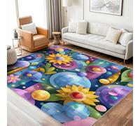 Tapis Années 80 Fleur Lavable 200x250 - Motif Géométrique Planète Fleuri, Grand Tapis Salon Chambre Cuisine Antidérapant Poil Court Doux Decoration Maison Carpet, FD1488