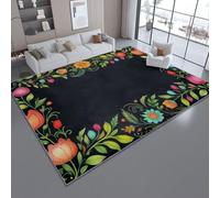 Tapis Antidérapant Art Populaire Fleurs Simples Peintes À La Main Imprimé en 120 x 170 cm Paillasson Intérieur - Doux Et Lavable - Antitache Ne Perd Pas Ses Poils - Facile À Nettoyer, Noir