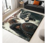 Tapis antidérapant lavable 160 x 230 cm, noir et marron, doux, antidérapant, résistant aux taches, imprimé bouclier viking et loup, pour chambre, bureau, cuisine, entrée