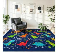 Tapis antidérapant Lavable Poil Ras Multicolore Illustration Moderne, Cartoon Dinosaures Lignes Pointillées Tapis Super Doux, pour Salon Chambre à Coucher Cuisine, 160 x 230 cm