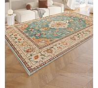 Tapis antidérapant lavable pour salon, chambre à coucher, chevet, ferme, salle à manger, 155 x 155 cm, beige, crème, bleu sarcelle, vert, rouge, orange, jaune, floral, vintage, 155 x 155 cm