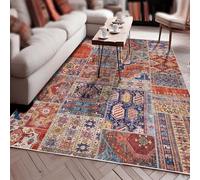 Tapis antidérapant lavable pour salon, chambre à coucher, chevet, ferme, salle à manger, style art déco, vintage, géométrique, multicolore, 155 x 155 cm, rouge et bleu