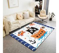 Tapis antidérapant pour enfants, garçons, filles, adolescents, motif bateau pirate, crâne, crabe, pieuvre, graffiti, vagues de mer bleues, graffitis, tapis de sol d'intérieur pour salon, lit, 1,5 x