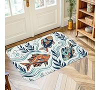 Tapis aquatique moderne avec vagues et feuilles d'été bleu à poils courts en éponge - Ne perd pas ses poils - Pour entrée, salle de bain, buanderie - 0,6 x 0,9 m