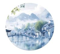 Tapis Arrondi élégant de Style Chinois Rivière Ville Arche Reflets de rivière Saules pleureurs Tapis antidérapant Doux Lavable Poil Bas 80x80cm