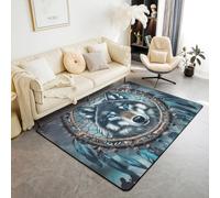 Tapis attrape-rêves loup pour enfants, animal du sud-ouest bohème, tapis de sol d'intérieur pour filles et garçons, tapis antidérapant pour décoration de salon, bleu foncé, 1,5 x 1,8 m