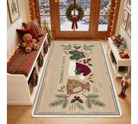 Tapis avec citation Santa is Coming Holiday Chapeau de Noël 0,9 x 1,5 m | Texture rustique en grain de bois, moufles festives et sacs cadeaux, baies de houx saisonnières, décoration d'entrée