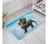 Tapis Bains 40X60Cm, Éléphant Rigolo avec des Papillons Ailes Bleues Et Blanches Mer De Nuages Tapi De Douche Anti-Poussière Tapis Entree pour Salle De Bain Cuisine Chambre