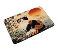 Tapis Bains Chat Asiatique Plante Chinoise Chaton Noir Japonais Soleil Rouge, Durable Tapi De Douche Anti-Poussière Tapis De Bienvenue 40X60Cm pour Porte D'Entrée Extérieur Intérieur