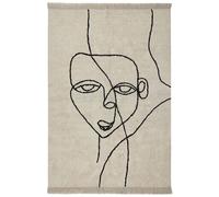 Tapis Beige et Noir en Coton 160 x 230 cm à Motif de Visage de Femme et Franges