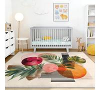 Tapis Bohème Dessinée Main Lavable 60 x 110 cm, Feuilles De Palmier Cercles Lignes Ondulées Facile à Entretenir Tapis avec Envers TPR Antidérapant, pour Salon Chambre Cuisine, Multicolore