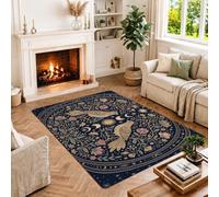 Tapis bohème motif oiseaux célestes et fleurs 1,2 x 1,8 m | Phases de lune céleste, vignes florales, décoration bohème, atmosphère mystique, accents de sol sur le thème de la nature