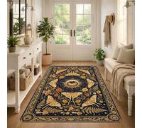 Tapis bohème motif papillon céleste et lune 0,9 x 1,5 m | Motif lune céleste et soleil, fougères botaniques et champignons, accents de maison bohème, art détaillé de la ligne dorée
