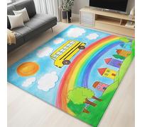 Tapis Bus scolaire ville dessin animé style éducatif pour salon, tapis antidérapant et doux lavable Antidérapant, à poils courts et ne perd pas ses poils pour chambre à coucher- Multicolore 80 x 120cm